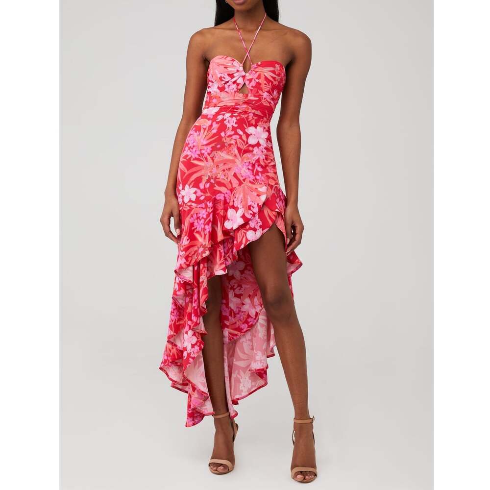 Amanda Uprichard Red Azalea Floral Estrada Asymmetric Ruffle Halter Dress Size M